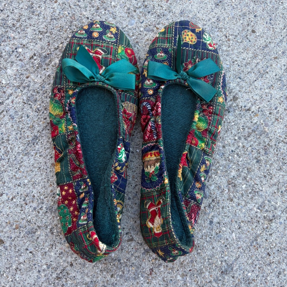 Vintage RG Barry Christmas Patchwork Ballet Slippers Green Bow Santa Size 5-6